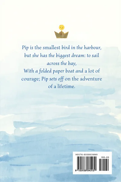 Back cover of Pip and the Paper Boat, a sample picture book cover