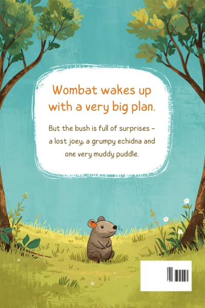 Back cover of Wombat's Big Day!, a sample picture book cover