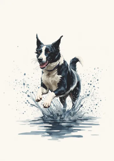 Loose ink and watercolour illustration of a border collie leaping through shallow water after a thrown stick