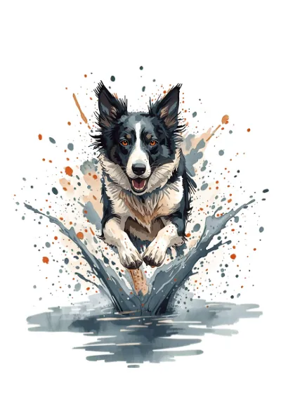 Loose ink and watercolour illustration of a border collie leaping through shallow water after a thrown stick