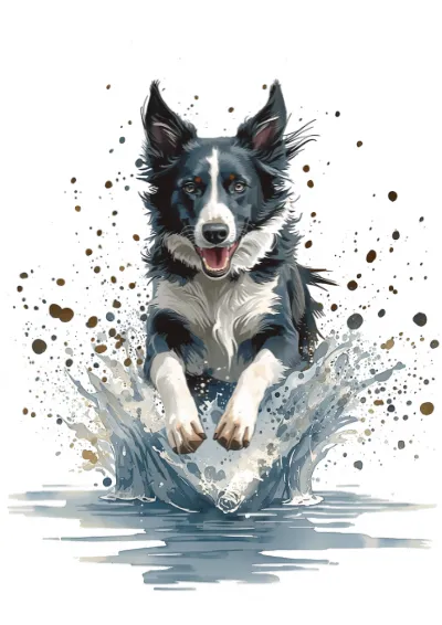 Loose ink and watercolour illustration of a border collie leaping through shallow water after a thrown stick