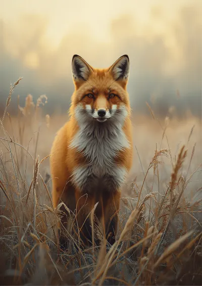 Gouache wildlife illustration of a red fox standing alert in long frosted grass at dawn