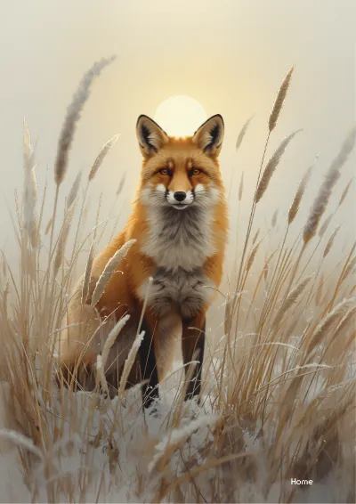 Gouache wildlife illustration of a red fox standing alert in long frosted grass at dawn