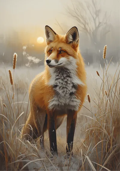Gouache wildlife illustration of a red fox standing alert in long frosted grass at dawn