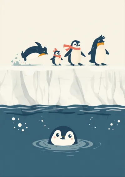 Flat vector illustration of a family of penguins at the edge of an ice shelf with a seal watching from the water