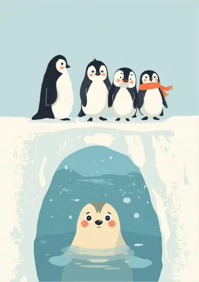 Flat vector illustration of a family of penguins at the edge of an ice shelf with a seal watching from the water