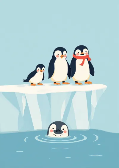 Flat vector illustration of a family of penguins at the edge of an ice shelf with a seal watching from the water