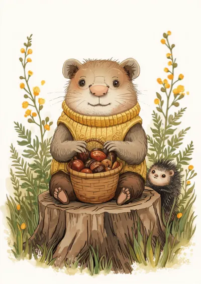 Watercolour animal character illustration of a wombat in a knitted vest sorting gumnuts while an echidna watches from the ferns
