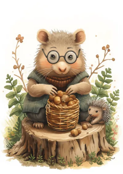 Watercolour animal character illustration of a wombat in a knitted vest sorting gumnuts while an echidna watches from the ferns