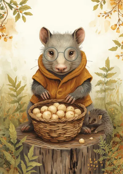 Watercolour animal character illustration of a wombat in a knitted vest sorting gumnuts while an echidna watches from the ferns