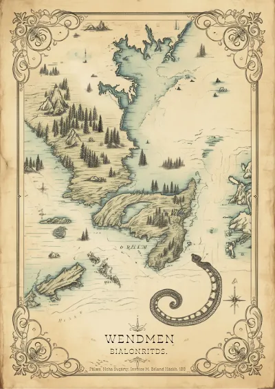 Hand-drawn fantasy endpaper map of an imagined coastline with islands, stylised mountains and a sea serpent