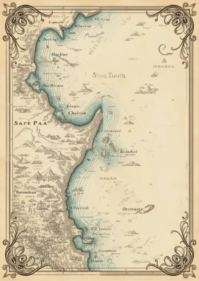 Hand-drawn fantasy endpaper map of an imagined coastline with islands, stylised mountains and a sea serpent