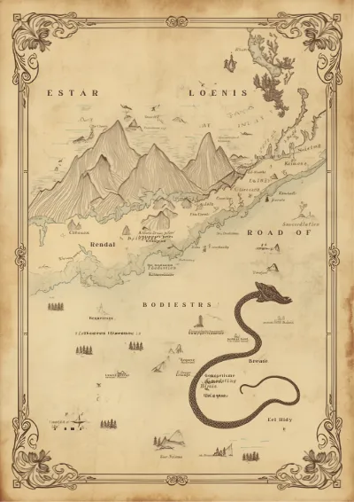 Hand-drawn fantasy endpaper map of an imagined coastline with islands, stylised mountains and a sea serpent