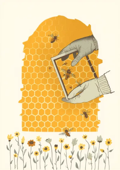 Editorial non-fiction illustration showing a cutaway beehive with bees on the comb and a beekeeper lifting out a frame