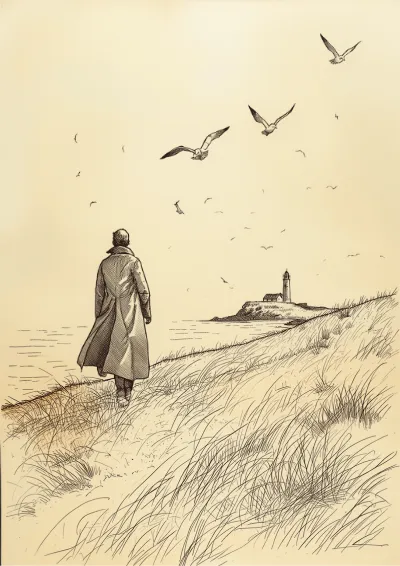 Pen and ink frontispiece illustration of a figure in a long coat walking a windswept coastal headland towards a lighthouse