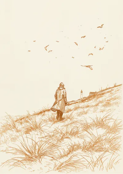 Pen and ink frontispiece illustration of a figure in a long coat walking a windswept coastal headland towards a lighthouse