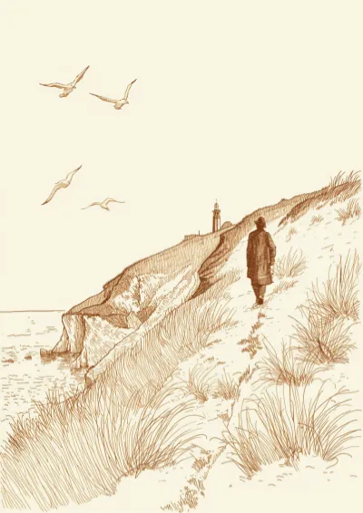 Pen and ink frontispiece illustration of a figure in a long coat walking a windswept coastal headland towards a lighthouse