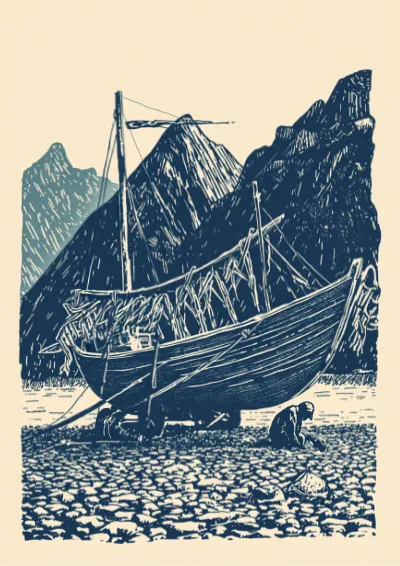 Two-colour linocut illustration of a fishing boat hauled up on a shingle beach with nets drying on poles