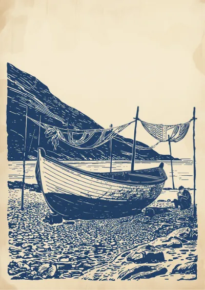 Two-colour linocut illustration of a fishing boat hauled up on a shingle beach with nets drying on poles