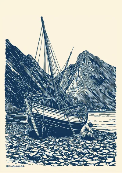Two-colour linocut illustration of a fishing boat hauled up on a shingle beach with nets drying on poles