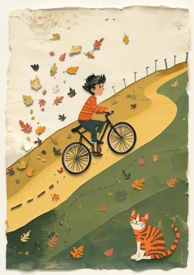 Cut-paper collage illustration of a boy riding a bicycle downhill past letterboxes as autumn leaves lift behind him