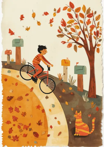 Cut-paper collage illustration of a boy riding a bicycle downhill past letterboxes as autumn leaves lift behind him