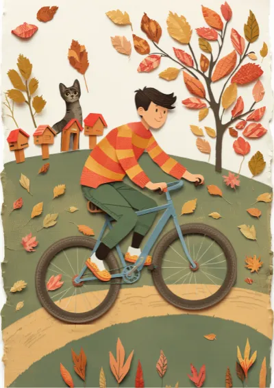 Cut-paper collage illustration of a boy riding a bicycle downhill past letterboxes as autumn leaves lift behind him
