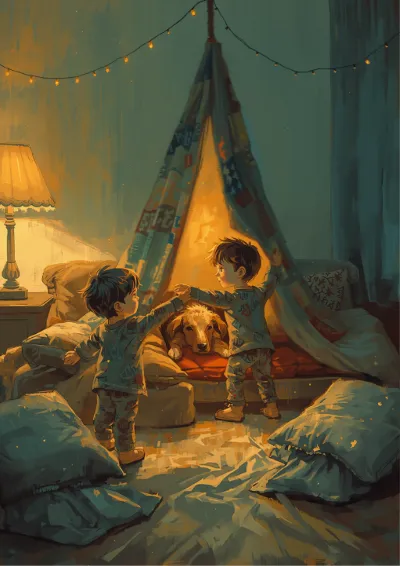 Gouache children's illustration of children building a blanket fort in a lamplit lounge room with a sleepy dog at the entrance
