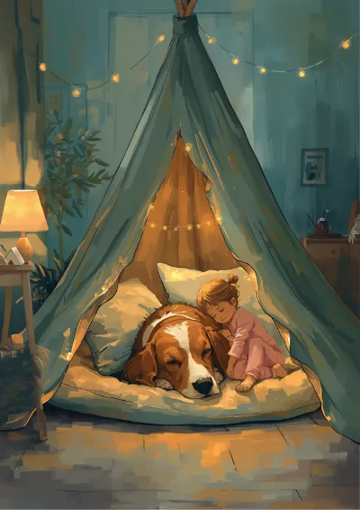 Gouache children's illustration of children building a blanket fort in a lamplit lounge room with a sleepy dog at the entrance
