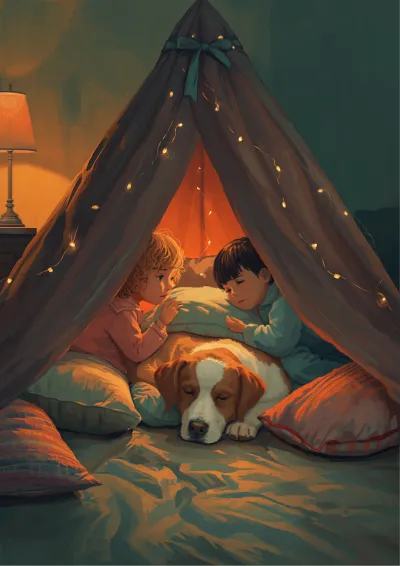 Gouache children's illustration of children building a blanket fort in a lamplit lounge room with a sleepy dog at the entrance