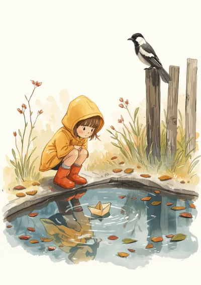 Watercolour children's illustration of a girl in a yellow raincoat sailing a paper boat in a puddle while a magpie watches from a fence post
