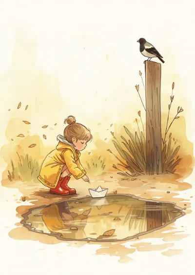Watercolour children's illustration of a girl in a yellow raincoat sailing a paper boat in a puddle while a magpie watches from a fence post