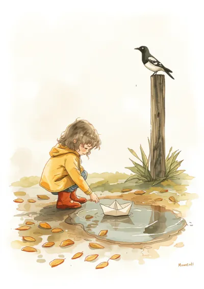 Watercolour children's illustration of a girl in a yellow raincoat sailing a paper boat in a puddle while a magpie watches from a fence post