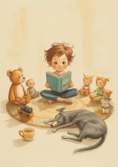 Coloured pencil illustration of a child reading aloud to a circle of toys and a sleeping dog in afternoon sunlight