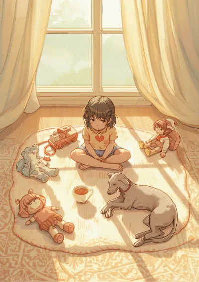 Coloured pencil illustration of a child reading aloud to a circle of toys and a sleeping dog in afternoon sunlight