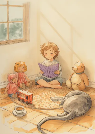 Coloured pencil illustration of a child reading aloud to a circle of toys and a sleeping dog in afternoon sunlight