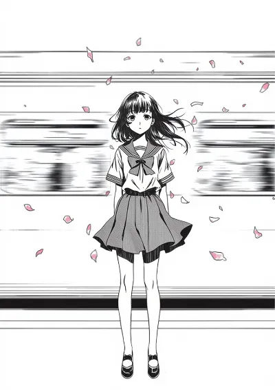 Manga style illustration of a schoolgirl on a train platform as a train rushes past and cherry blossom swirls around her