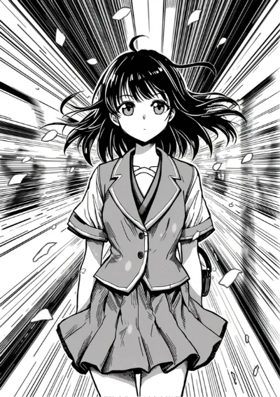 Manga style illustration of a schoolgirl on a train platform as a train rushes past and cherry blossom swirls around her
