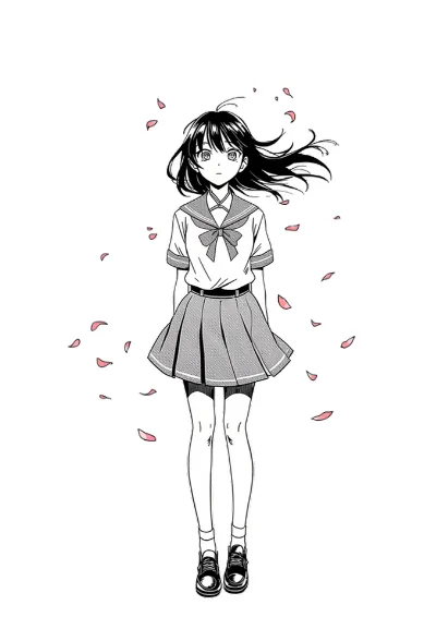 Manga style illustration of a schoolgirl on a train platform as a train rushes past and cherry blossom swirls around her