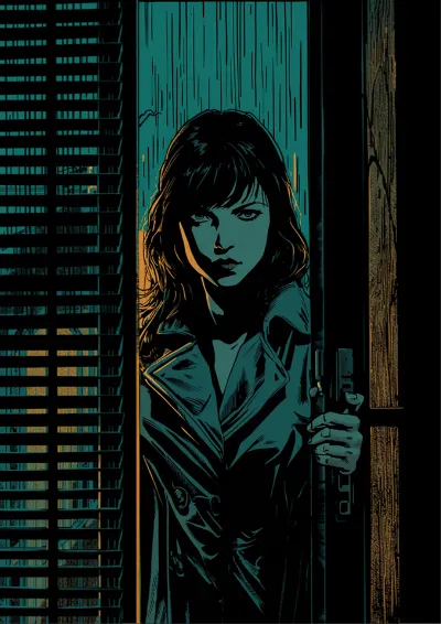 Noir comic illustration of a detective in a trench coat in a dark office lit through venetian blinds