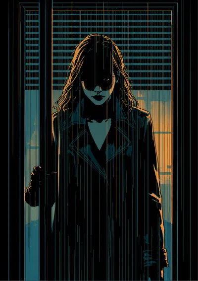 Noir comic illustration of a detective in a trench coat in a dark office lit through venetian blinds
