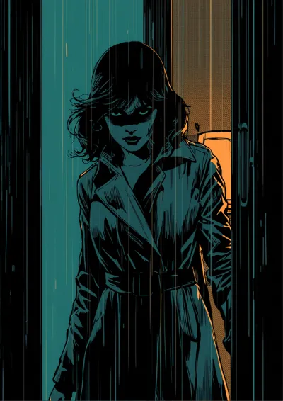 Noir comic illustration of a detective in a trench coat in a dark office lit through venetian blinds