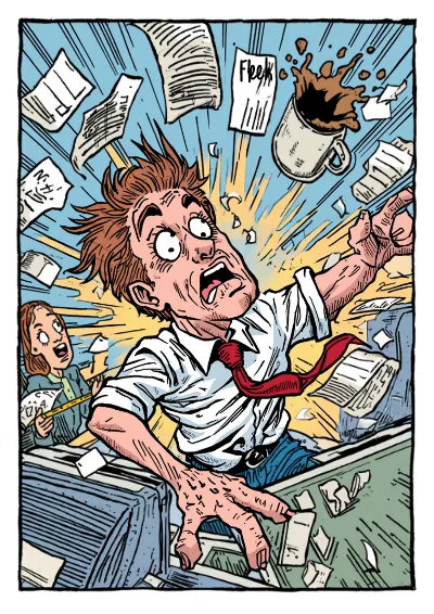 Humorous cartoon illustration of an office worker wrestling a photocopier that is spitting paper across the room