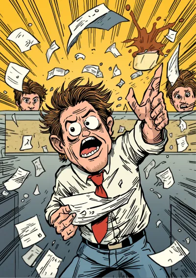 Humorous cartoon illustration of an office worker wrestling a photocopier that is spitting paper across the room