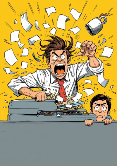 Humorous cartoon illustration of an office worker wrestling a photocopier that is spitting paper across the room