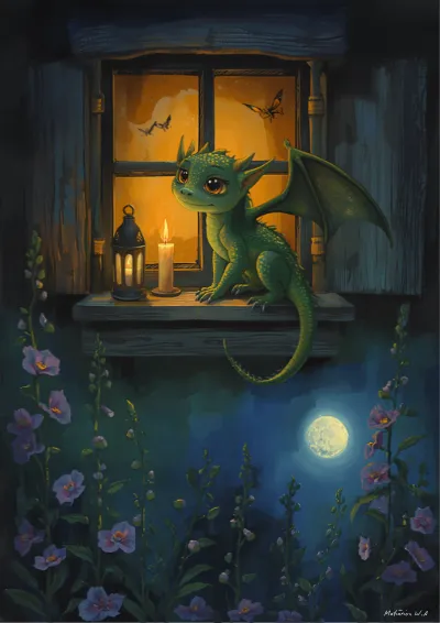 Storybook fantasy illustration of a small green dragon perched on a cottage windowsill at night beside a lantern