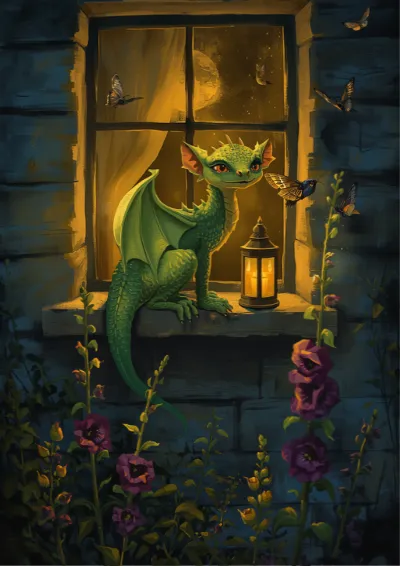 Storybook fantasy illustration of a small green dragon perched on a cottage windowsill at night beside a lantern