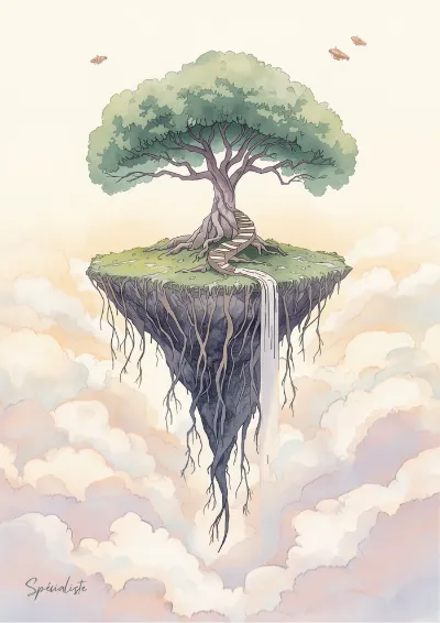 Watercolour fantasy illustration of a floating island held aloft by roots with a great tree at its centre above cloud