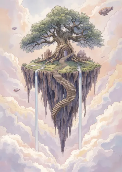 Watercolour fantasy illustration of a floating island held aloft by roots with a great tree at its centre above cloud
