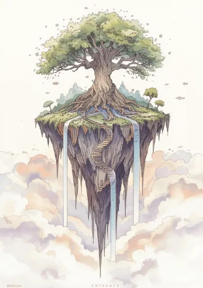 Watercolour fantasy illustration of a floating island held aloft by roots with a great tree at its centre above cloud